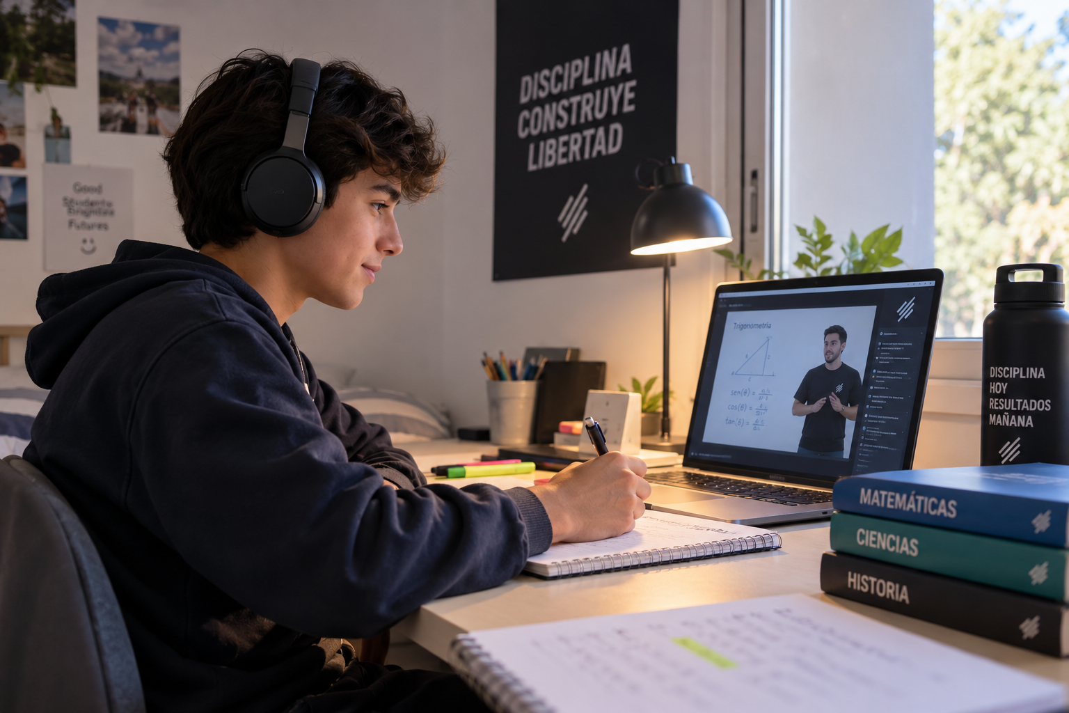 Alumno de Preu Gauss estudiando desde su casa con laptop, audífonos y material Gauss en la modalidad online