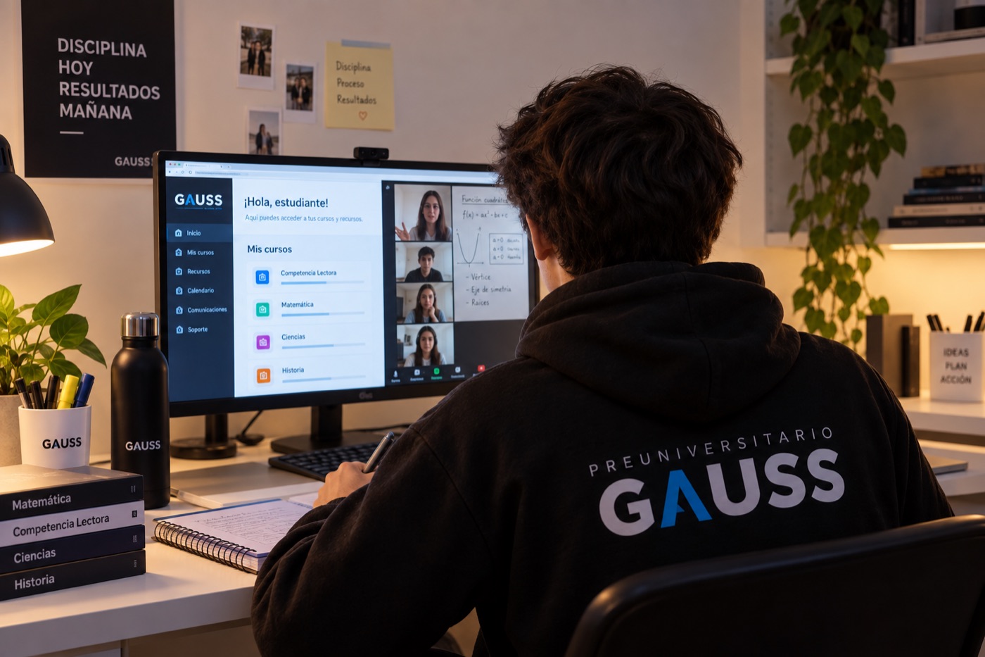 Alumno de Preu Gauss con polerón Gauss conectado desde su casa a una clase en vivo por Zoom