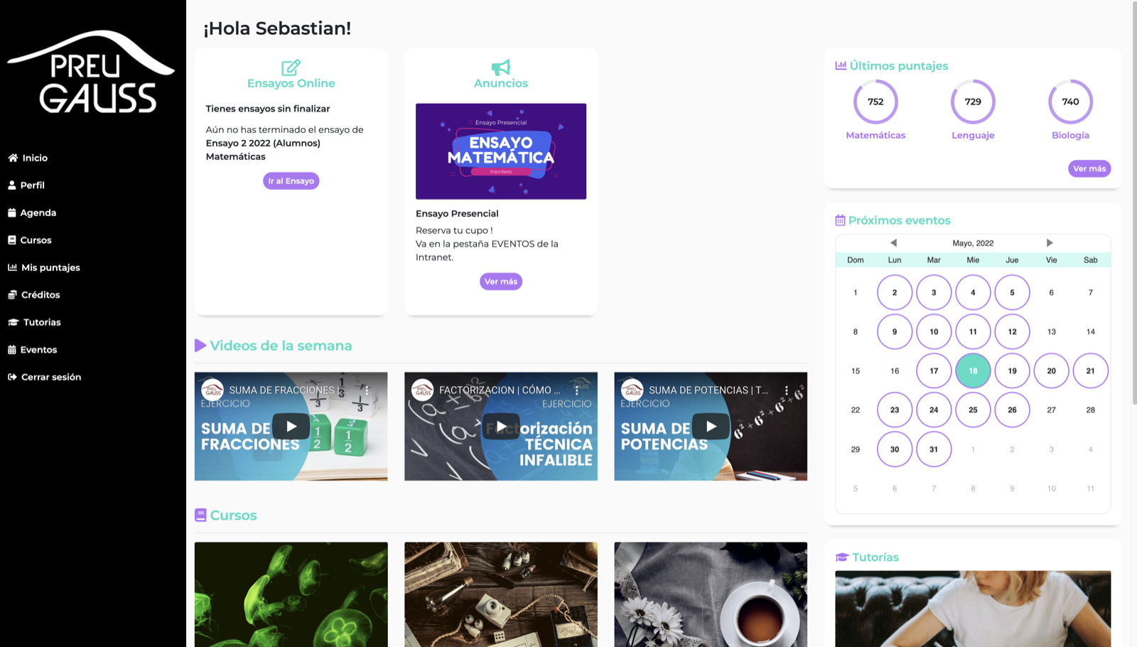 Intranet Preu Gauss: pantalla de inicio del alumno con próximos ensayos, videos de la semana y calendario
