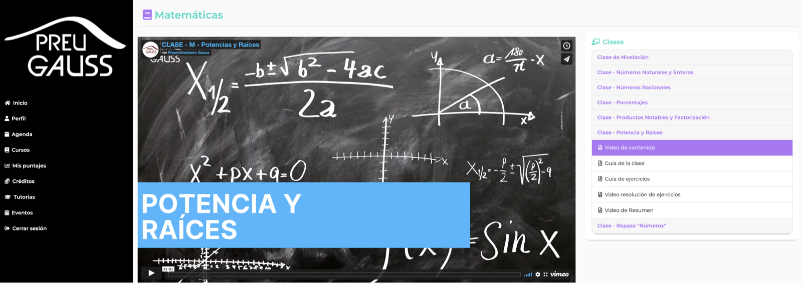 Intranet Preu Gauss: clase de matemáticas con video, guía y ejercicios resueltos