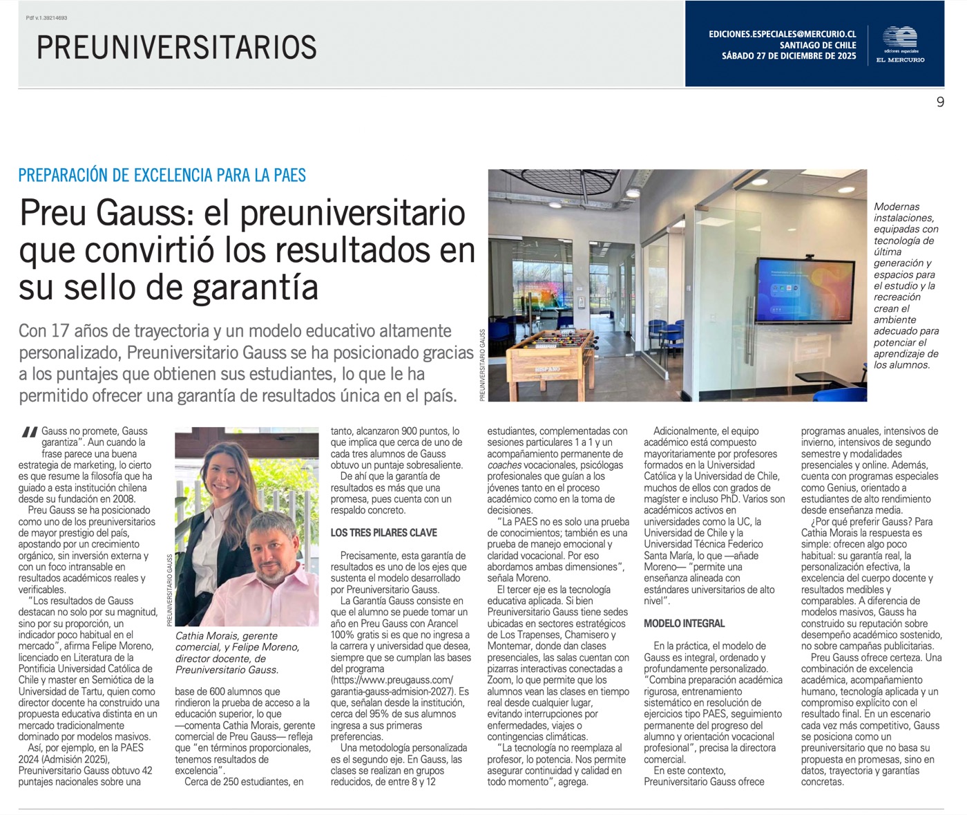 Portada El Mercurio — Gauss: el preuniversitario donde los resultados son garantía (27 diciembre 2025)